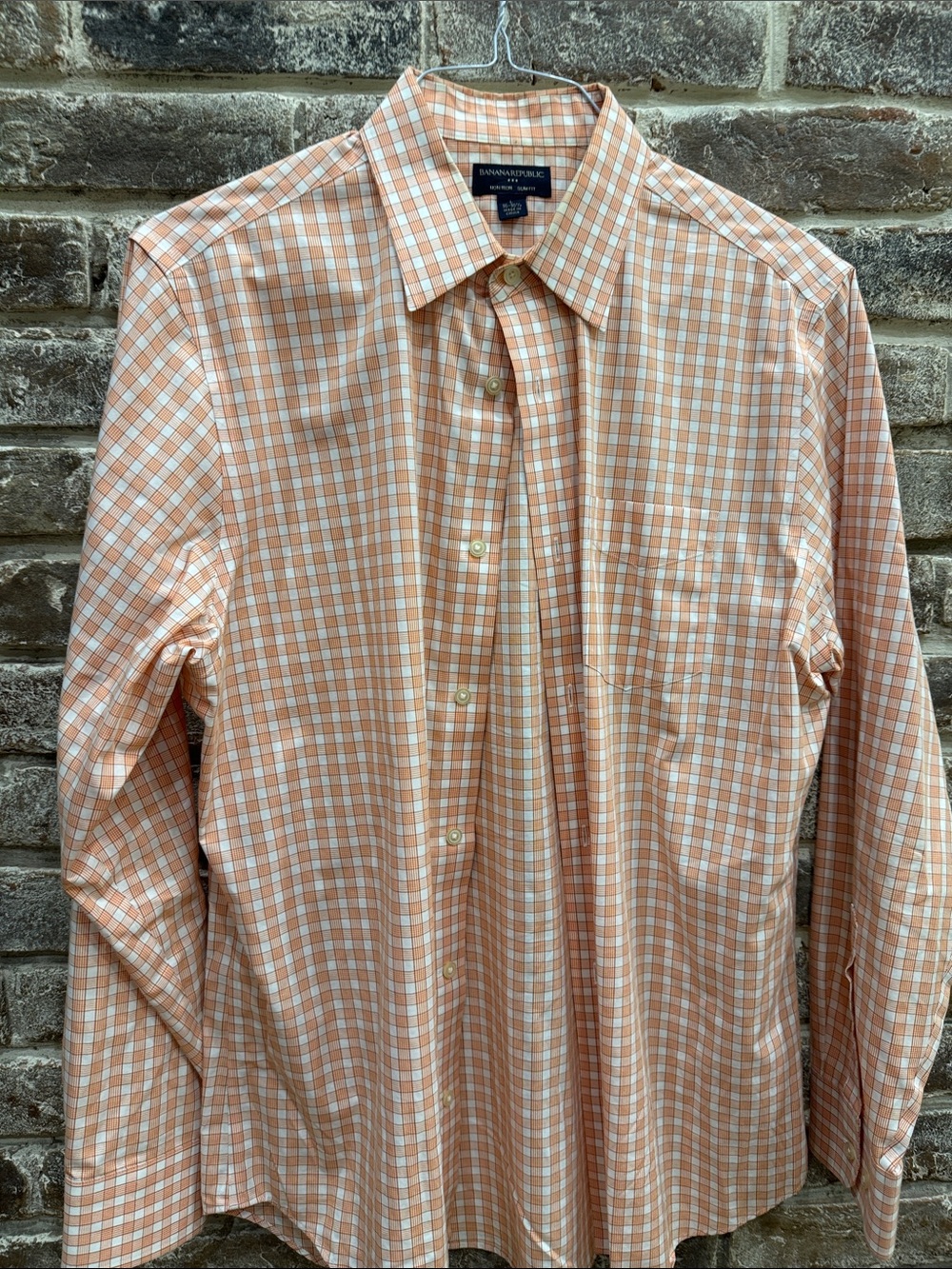 Banana Republic Men's Orange and White Checked Button-Down Shirt -slim fit